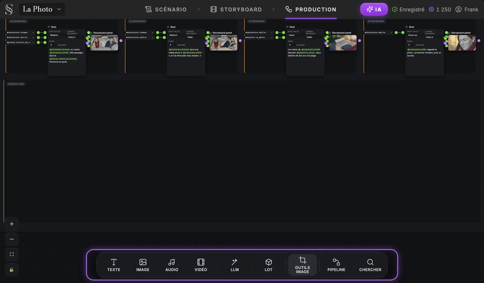 La barre d'outils du canevas : la tuile Outils image place des nœuds d'outils d'image, dont Recadrer et Angle de caméra. Onglet Production de ScreenWeaver : les quatre groupes de plans en haut, un groupe Production vide, et la barre d'outils en surbrillance avec Texte, Image, Vidéo, Lot, Outils image, Pipeline