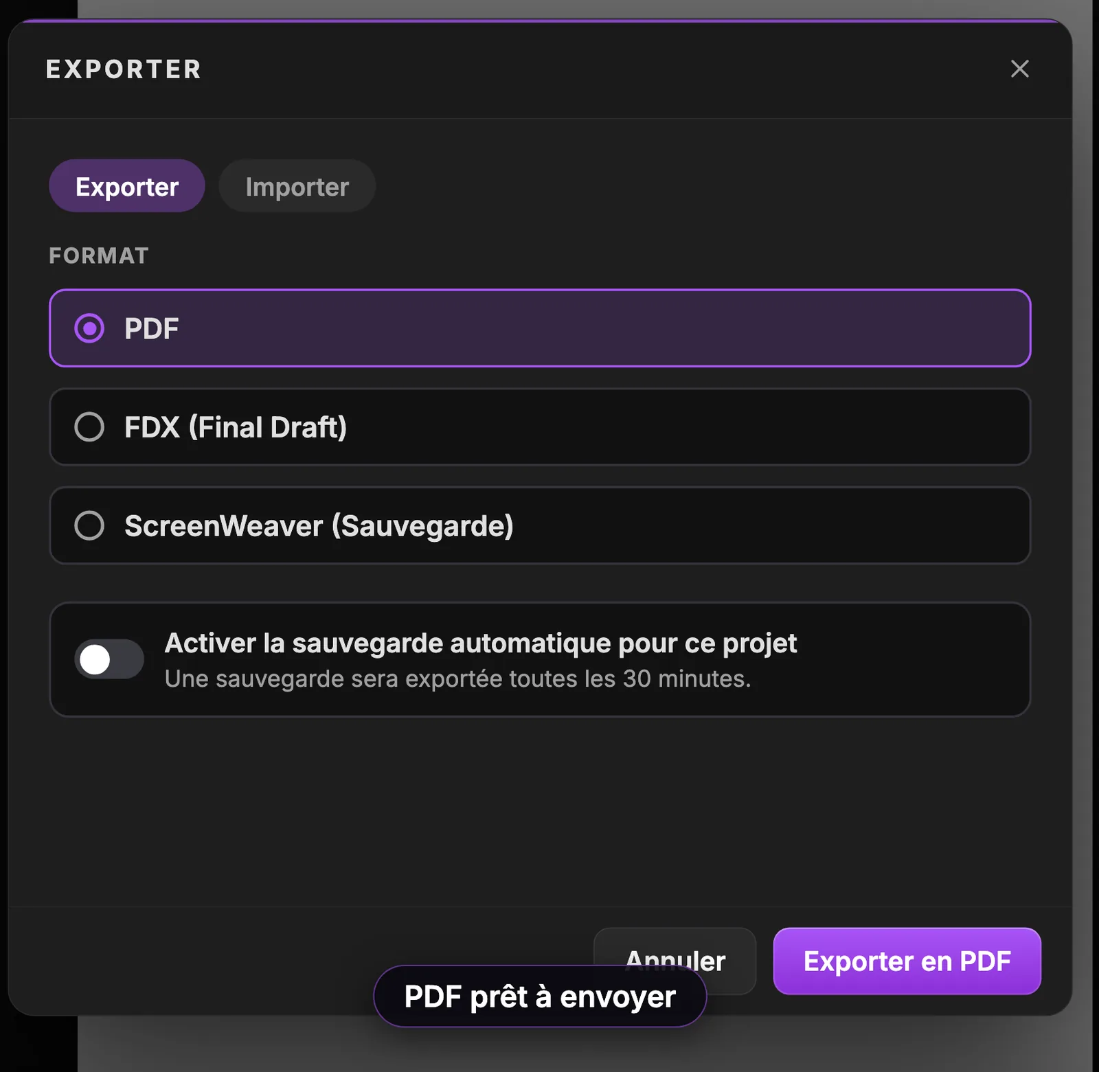 Le scénario sort en PDF, en fichier Final Draft ou en sauvegarde ScreenWeaver complète. La fenêtre Exporter de ScreenWeaver : onglets Exporter et Importer, formats PDF, FDX (Final Draft) et ScreenWeaver (Sauvegarde), l'interrupteur de sauvegarde automatique toutes les 30 minutes et le bouton Exporter en PDF