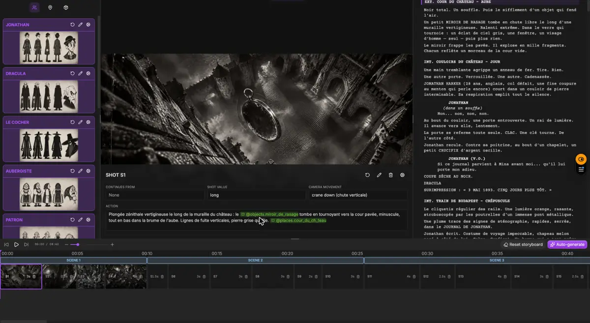 ScreenWeaver Storyboard tab on the Dracula project: story element sheets for Jonathan, Dracula, the coachman and the innkeeper on the left, shot S1 with its framing, crane down movement and action text in the centre, the screenplay on the right, and the shot timeline across scenes 1 to 3 at the bottom