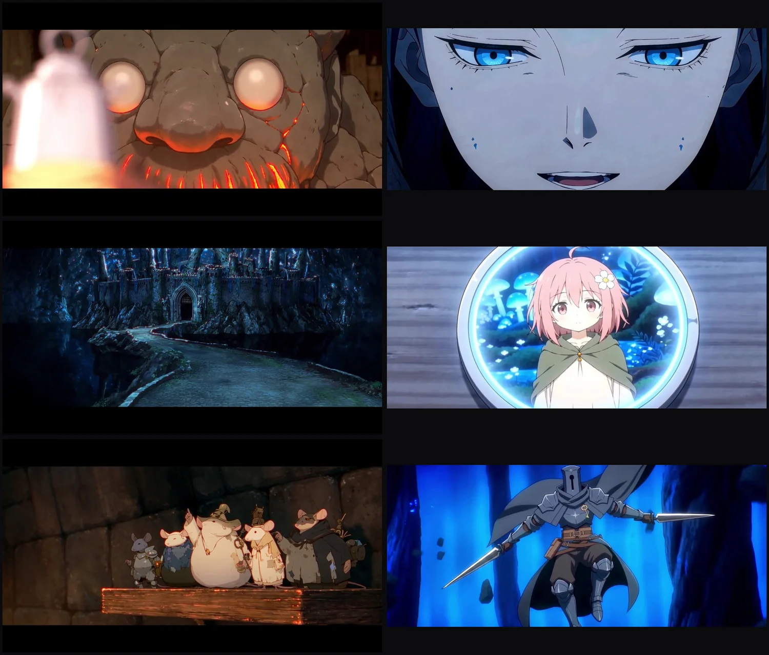 Six finished frames from the anime Lost Garden: a stone giant, a pale face, a castle, a girl in a medallion, mice on a shelf, a knight leaping