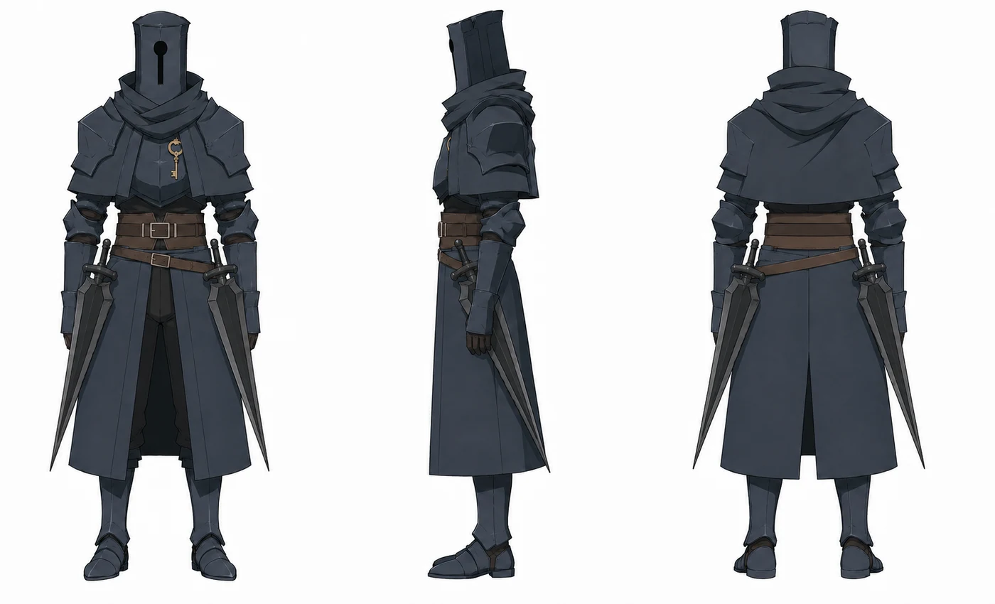 Reference sheet for Serrure, a Lost Garden knight: front, profile and back views