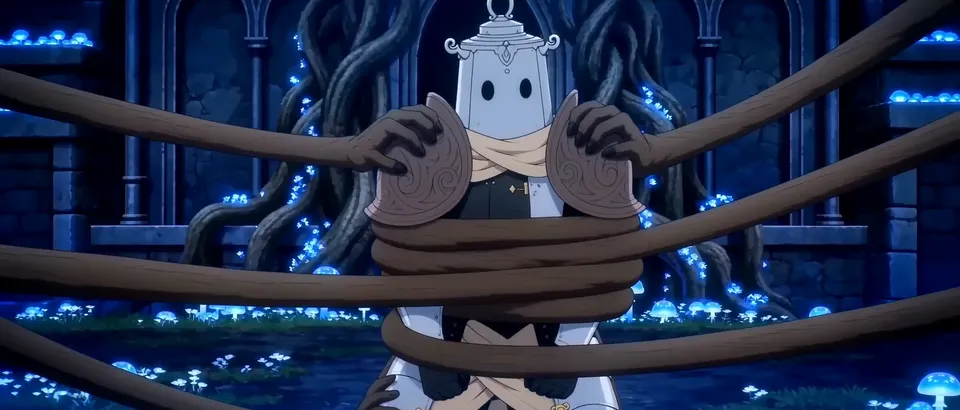 A small lantern-helmed knight bound by thick roots in a ruined hall