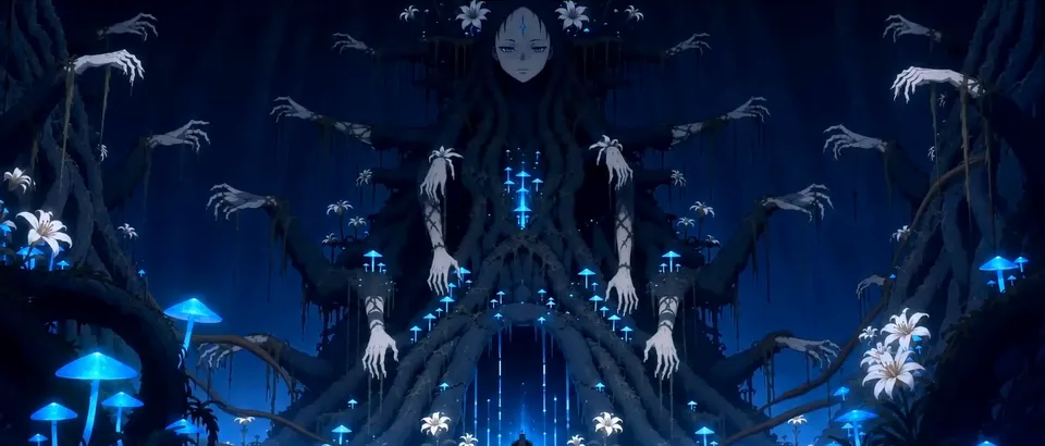 A giant woman made of roots and white lilies spreads her many arms in a dark cavern
