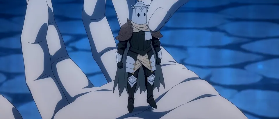A tiny armored knight stands in the middle of a giant open hand