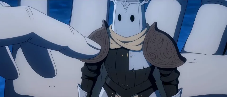 A giant fingertip gently touches the chest of a small armored knight