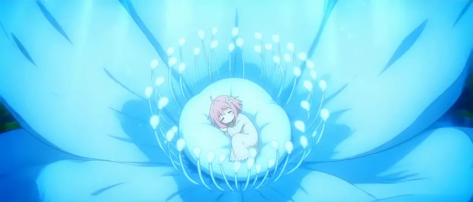 A sleeping pink-haired child curled inside a glowing blue flower