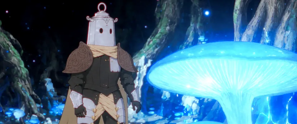 A small knight with a lantern helm stands by a giant glowing blue mushroom in a crystal cavern