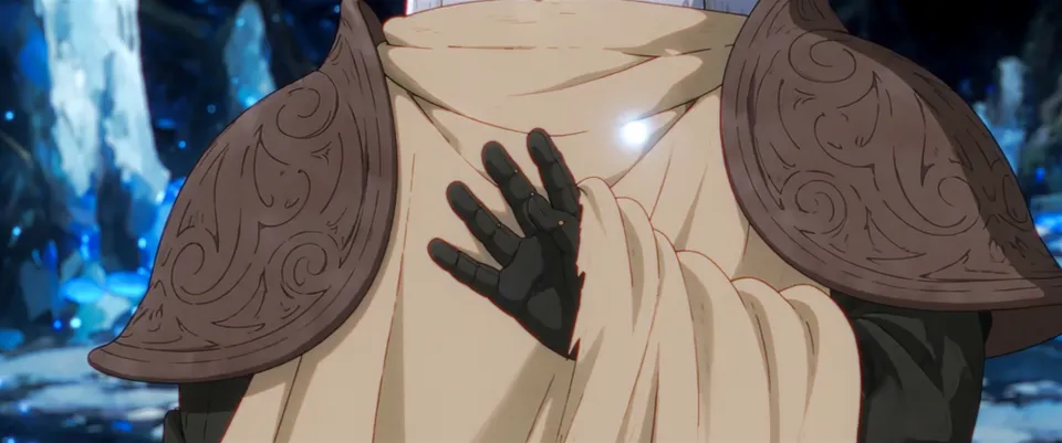 Close-up of an armored chest under a cream cloak, a gloved hand, a spark of light
