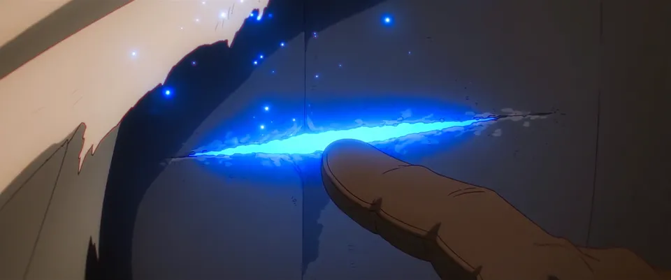 A torn gash in an armor plate leaking bright blue light, a finger pointing at it