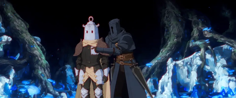 Two armored knights side by side, one with a hand on the other's shoulder, in a crystal cavern