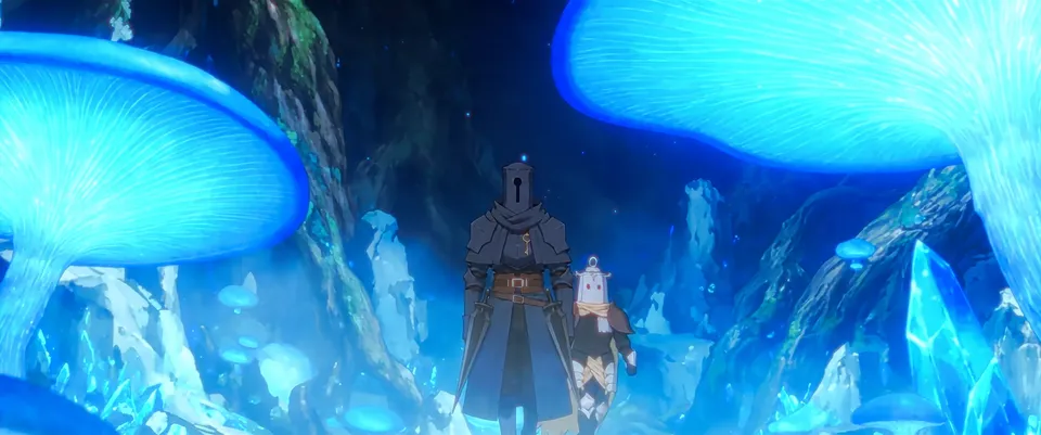 Two small knights walk beneath two giant glowing blue mushrooms