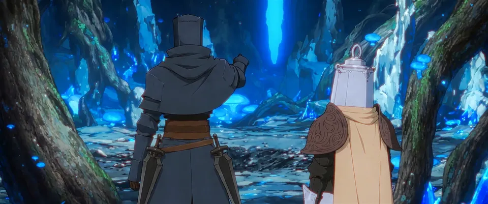 Seen from behind, a tall dark knight points ahead while the small lantern knight looks on