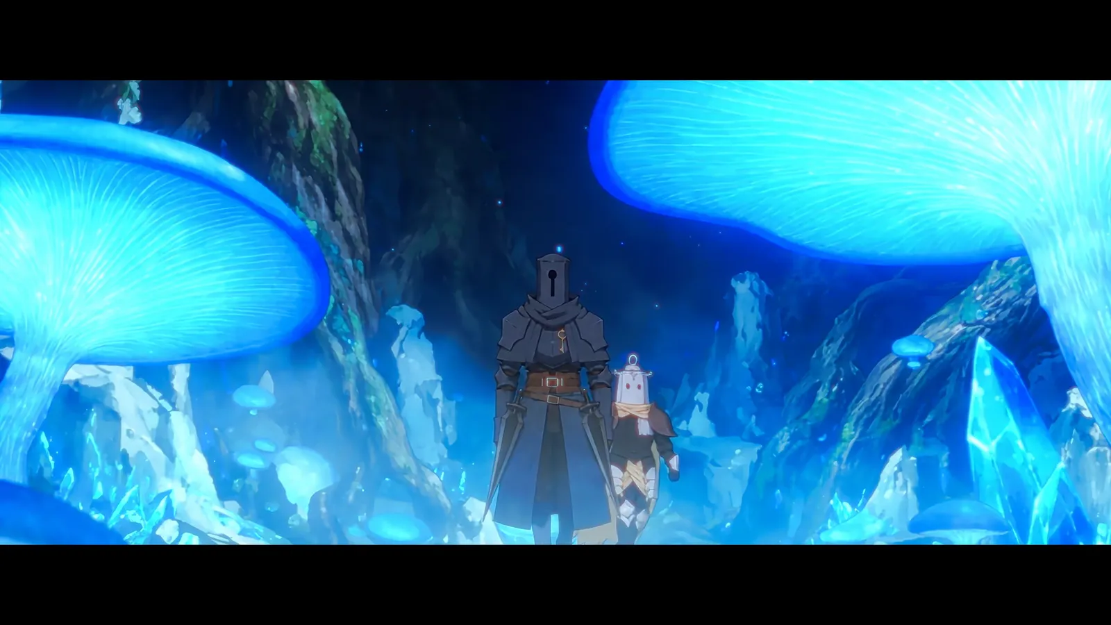 Lost Garden, episode 2: two armored knights beneath giant glowing mushrooms in an underground cavern
