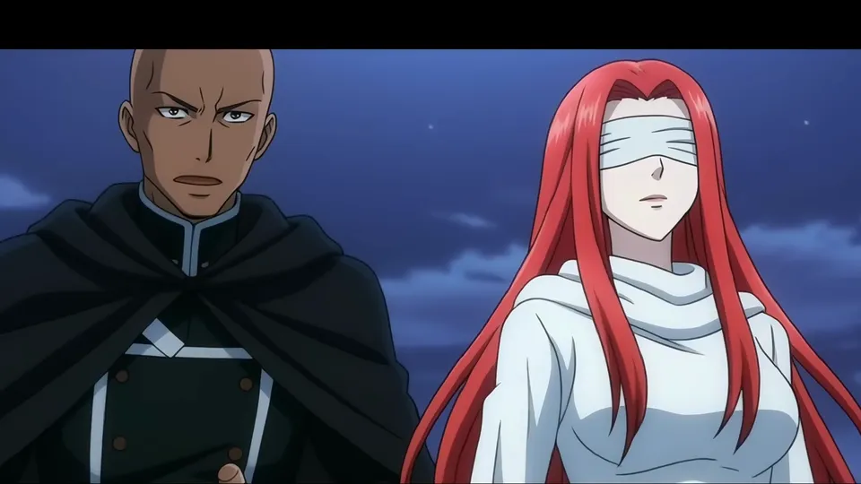 Medium two-shot of a bald swordsman and a blindfolded red-haired woman