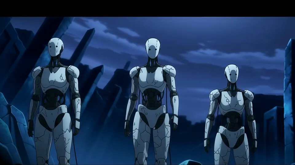 Three white humanoid automatons stand in night ruins