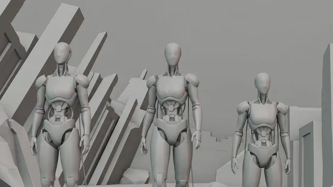 Storyboard frame of the automatons shot, in grey