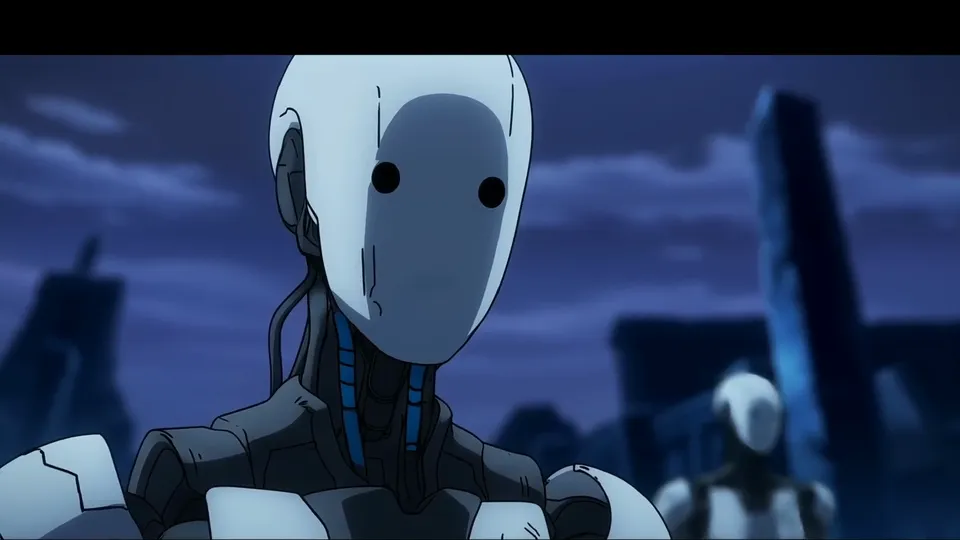 Close-up of a white automaton with a smooth blank face