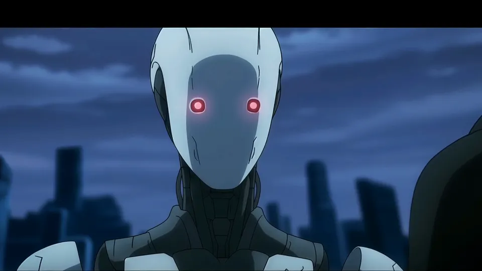 A white automaton's eyes glow red