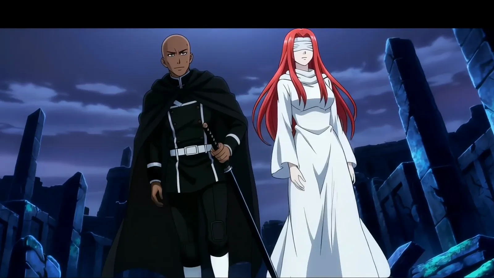 Voidborn, épisode 0 : un sabreur et une femme en blanc aux yeux bandés marchent dans des ruines la nuit