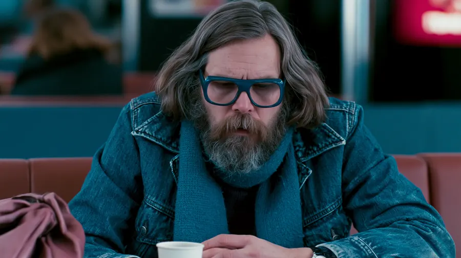 Cinematic frame from a ScreenWeaver film: a bearded man in a diner