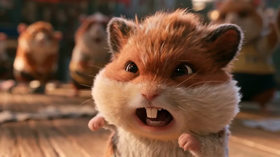 A round ginger hamster with bare paws gasps, mouth wide open, in a crowded ring
