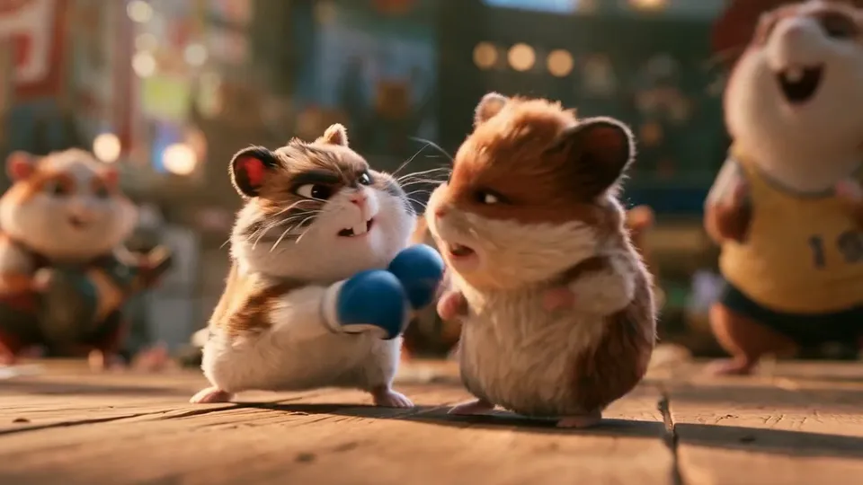 Two hamsters face off in a tiny ring while a hamster in a yellow jersey cheers behind them