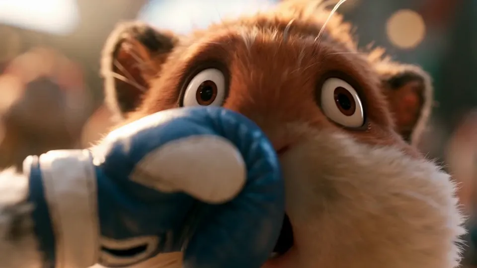 A blue boxing glove squashes a ginger hamster's cheek, its eyes wide in shock