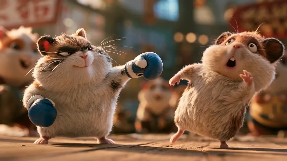 A calico hamster throws a straight punch as a ginger hamster staggers back in surprise