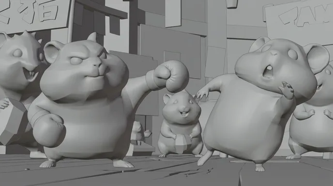 Storyboard frame of the wide shot, in grey clay
