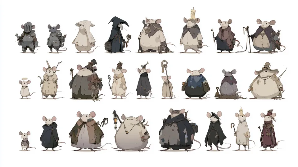 A character line-up sheet of about twenty-five stylised mice in different cloaks and sizes, on a white background