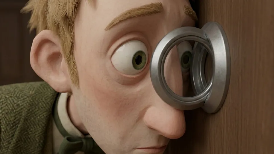 A stylised 3D man with a long nose and a green eye presses his face to a brass door peephole