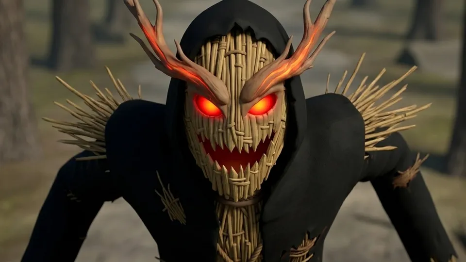 A hooded scarecrow demon of woven straw with antlers and glowing red eyes crouches in a forest