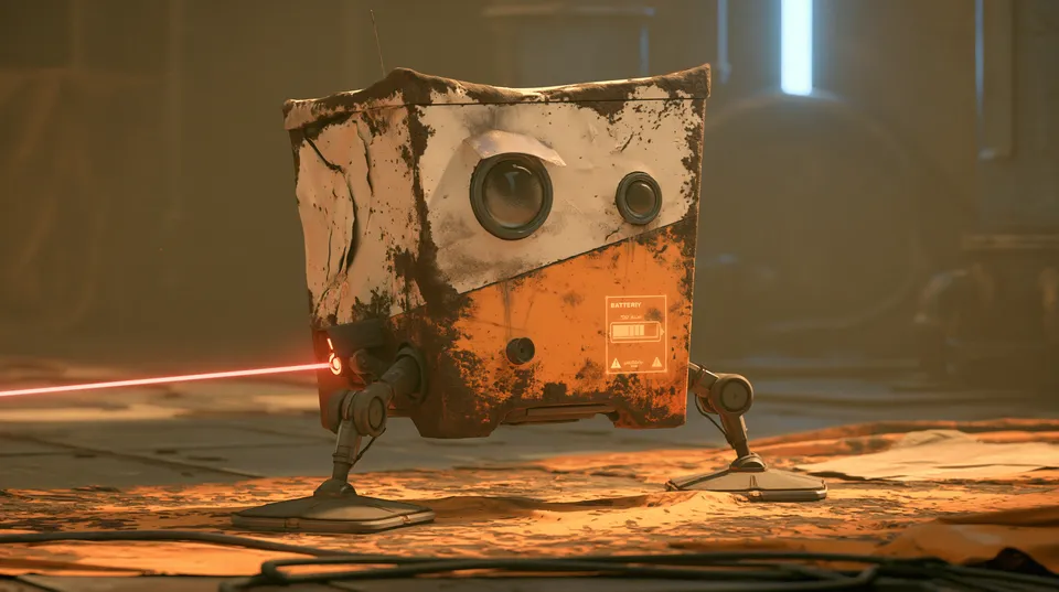 A rusty orange box-shaped robot on thin legs scans a dusty workshop floor with a red laser