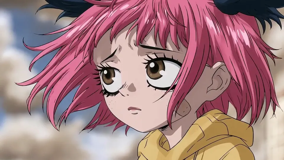 Anime girl with pink hair, a plaster on her cheek and a yellow raincoat, her hair blown by the wind