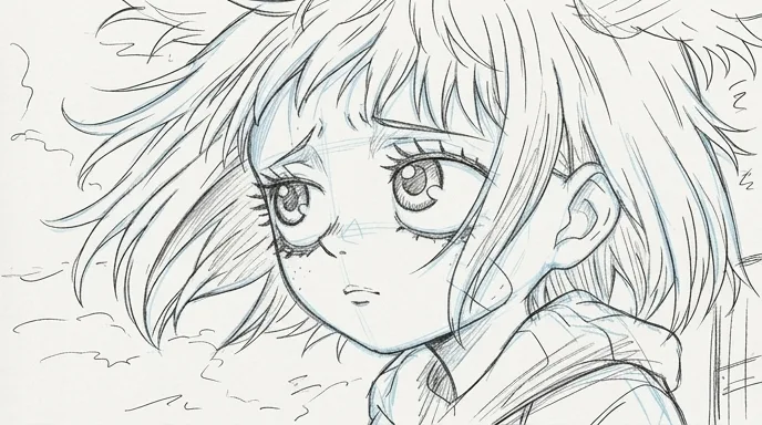Pencil storyboard frame of the same close-up
