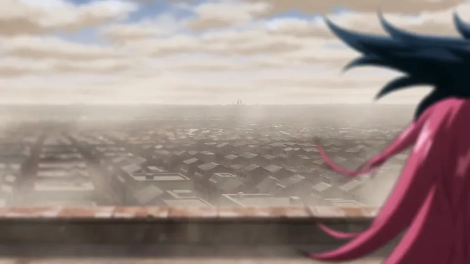 A hazy city seen from a rooftop ledge, pink hair blowing into the edge of the frame
