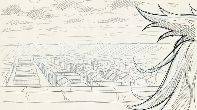 Pencil storyboard frame of the city from the ledge