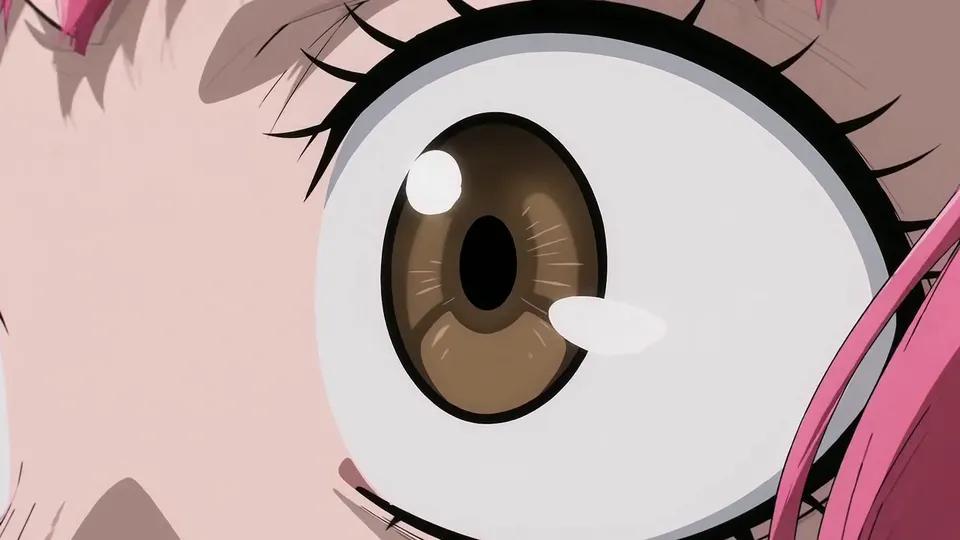 Extreme close-up of a large brown anime eye with two white highlights