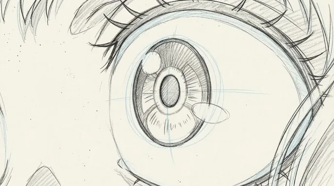 Pencil storyboard frame of the eye, with construction lines