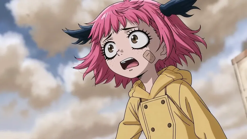 The girl in the yellow raincoat gasps, seen from a low angle against a cloudy sky