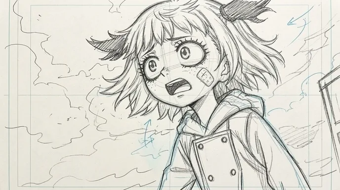Pencil storyboard frame of the gasp, with wind arrows