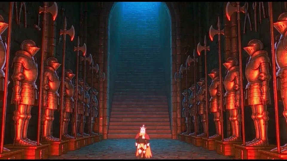 Rows of red-lit suits of armour line a hall leading to a blue staircase, a small figure in the middle