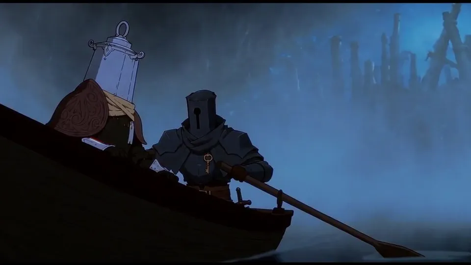 Two armoured figures, one with a lantern-shaped helmet, row a boat across a misty blue lake