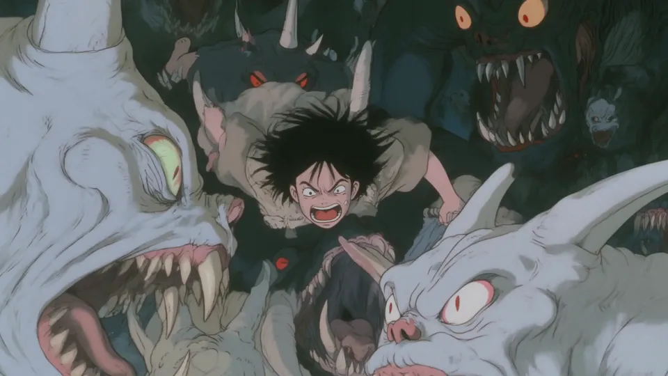 Anime boy screaming as horned white and grey monsters grab him in a dark cave