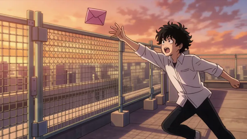 Anime schoolboy leaping at a rooftop fence to catch a pink envelope at sunset