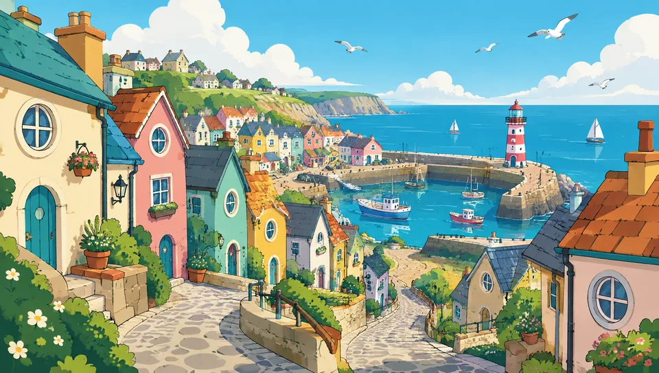 A colourful cartoon seaside town with pastel houses, a cobbled street, a harbour and a red and white lighthouse