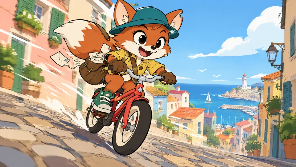 A fox courier in a teal cap rides a red bicycle fast down a cobbled street, letters flying from her satchel