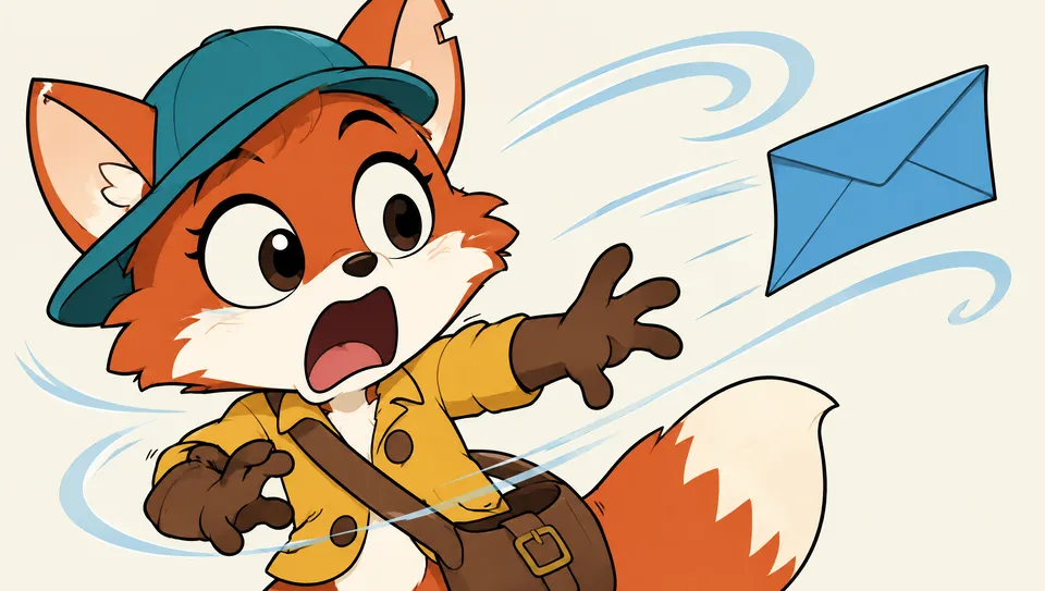 Close-up of the fox courier with a huge surprised face as a blue envelope flies away on the wind