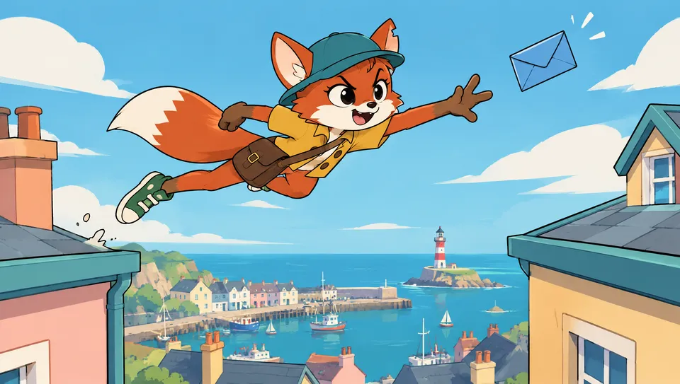 The fox courier leaps between two pastel rooftops reaching for a floating blue envelope, the harbour below