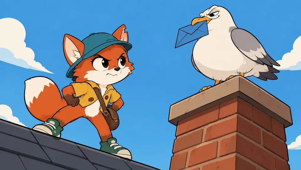 A smug seagull on a chimney holds the envelope while the fox courier glares from the roof below